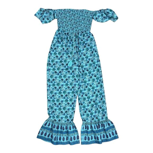 Bog collective Jumpsuit Womens Large floral Ruffle flare Hem Off Shoulder Sleeve - Picture 1 of 11